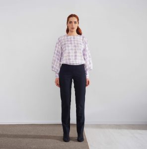 european designer silk blouse purple pattern