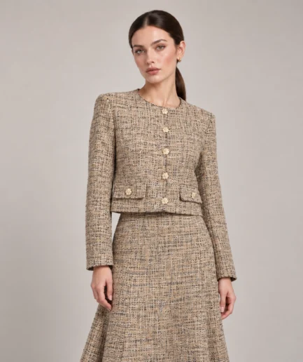 long beige boucle skirt set