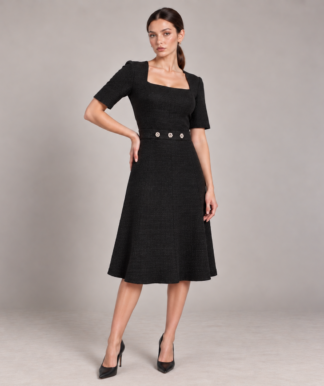black boucle midi dress square neck