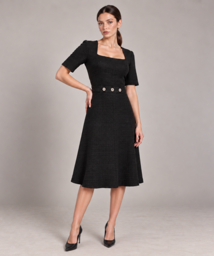 black boucle midi dress square neck