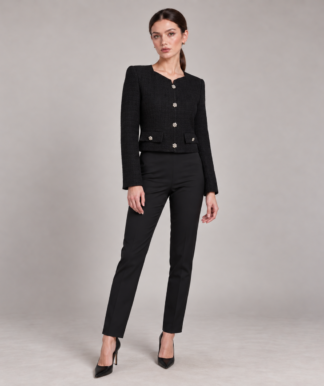 short black boucle blazer with floral buttons